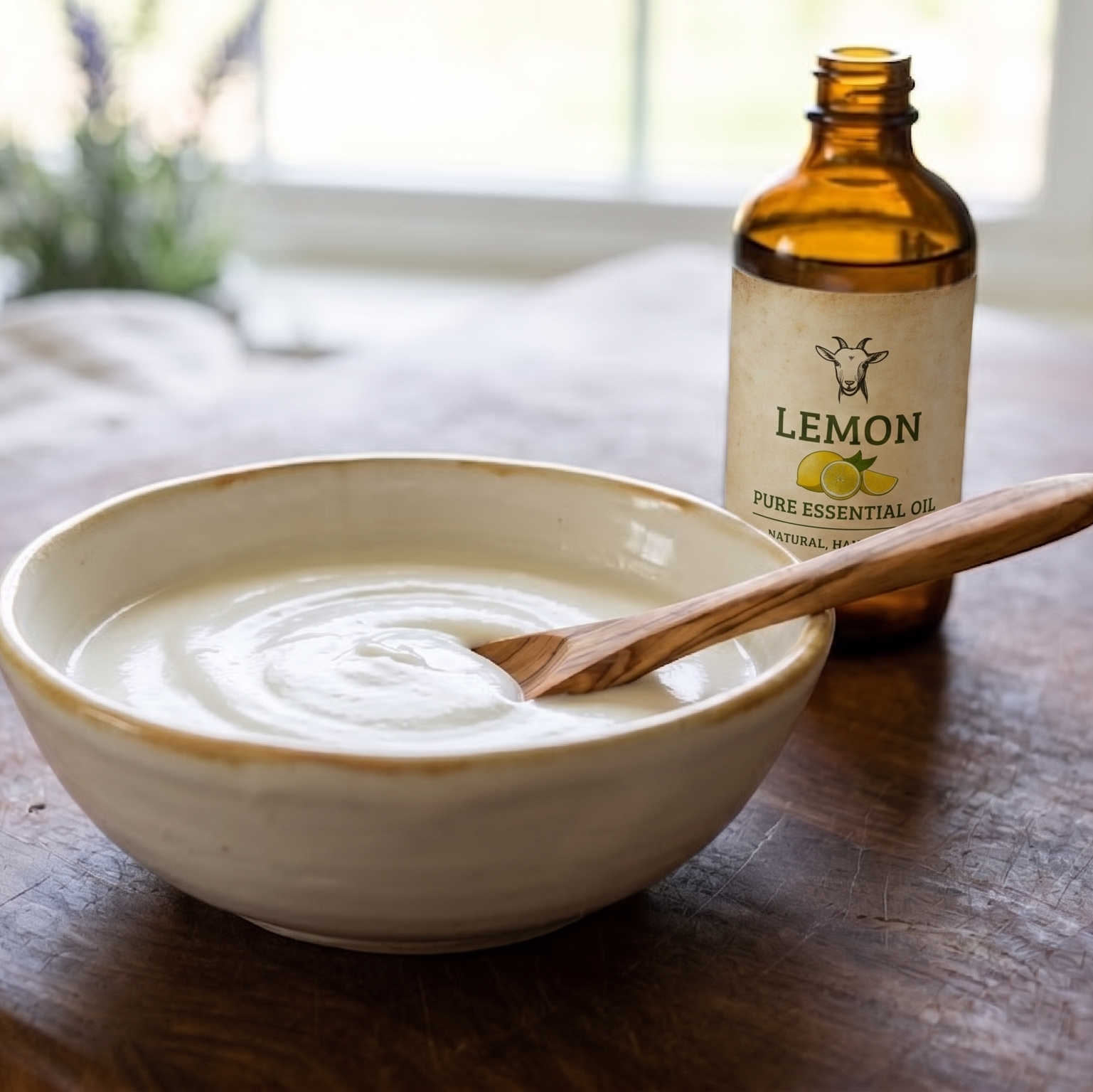 Bowl of Goat Milk Lotion with a wooden spoon on a wooden table next to a bottle of lemon essential oil.