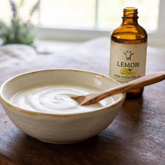 Bowl of Goat Milk Lotion with a wooden spoon on a wooden table next to a bottle of lemon essential oil.
